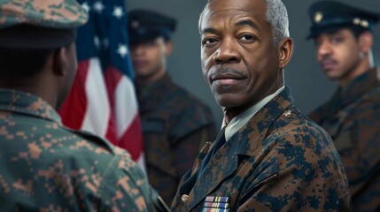 A senior military officer in uniform is honored during a ceremony with fellow officers in the background. Military recognition. Ceremony scene. Portrait style photograph. AI