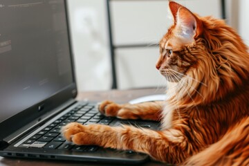 Maine coon cat typing on laptop, canon eos with shallow depth of field, furry pet online