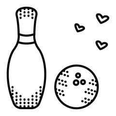 Bowling pin, ball and hearts. Vector monochrome illustration, icon of sport equipment, editable stroke