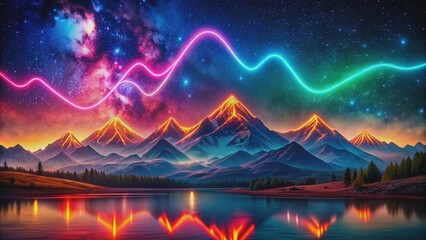 Vibrant neon lights dance across a serene night sky, symbolizing hope amidst turmoil, while majestic mountains majestically rise in the background, exuding peaceful resilience.