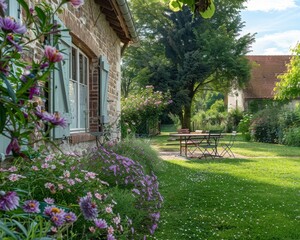 Backyard flower grove with lawn, patio, and barbecue in single family home setting