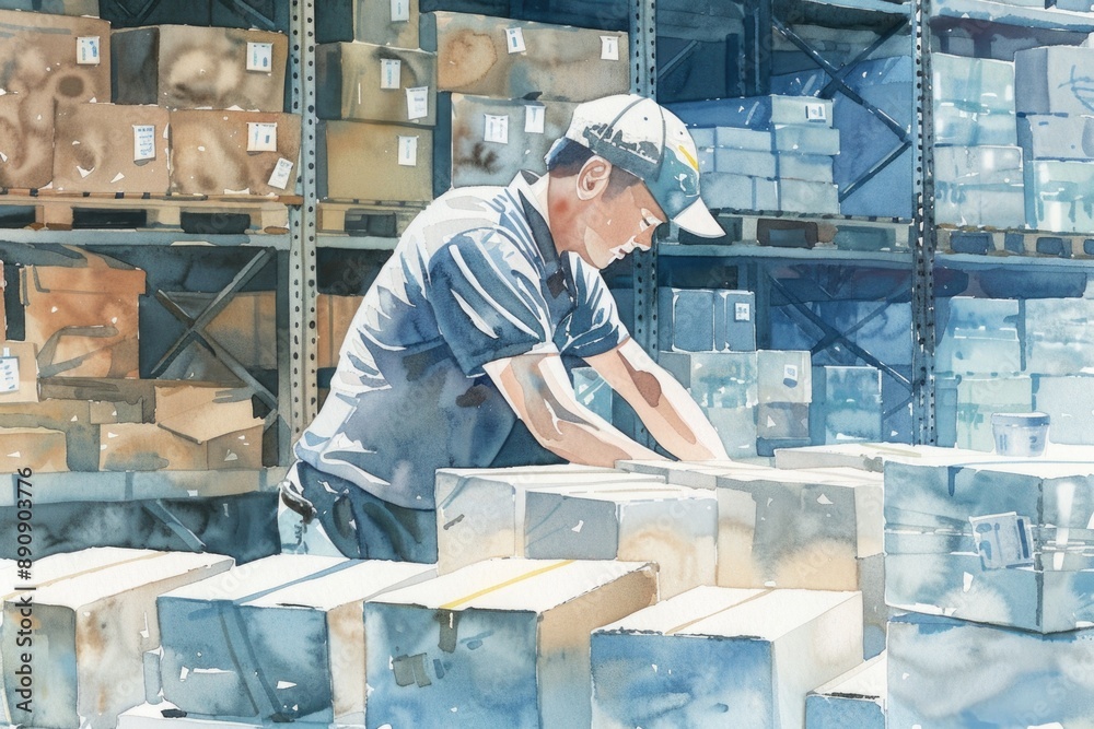 Poster A worker is busy at his task in a large warehouse setting