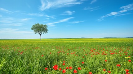 A lone tree stands in a vast field of green grass and red wildflowers under a blue sky with scattered clouds