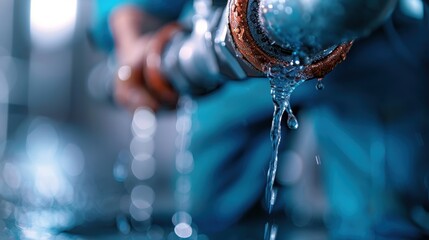 Detailed close-up of water leaking from a metal valve on an industrial pipe, highlighting the precision and intricacies of plumbing and water flow in an engineered setting.