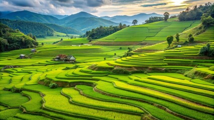 Obraz premium Green fields of rice plantations in Asia, a picturesque agricultural landscape ideal for nature lovers and travelers