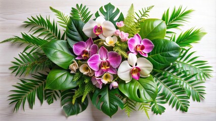 Obraz premium Tropical bouquet arrangement of orchids, ferns, philodendron, and ruscus leaves on background, orchids