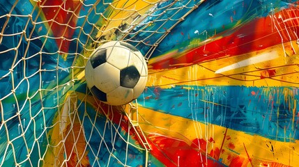 Fototapeta premium Soccer Ball in Goal. Multicolor Background. 