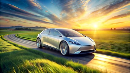 Naklejka premium Silver car driving fast on the road during sunset