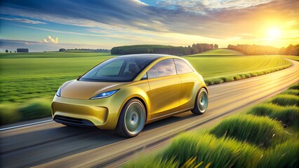 Modern yellow electric car driving on country road at sunset