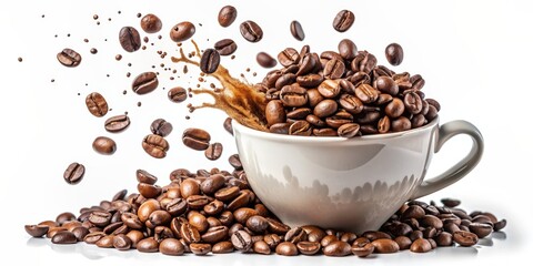 Fototapeta premium Roasted coffee beans splashing in delicious coffee, cut out, coffee, beans, roasted, splash, delicious, drink, morning