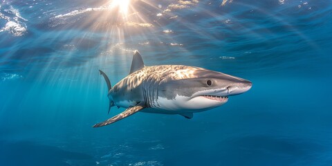 Naklejka premium Great white shark swimming underwater with sunlight streaming through the water