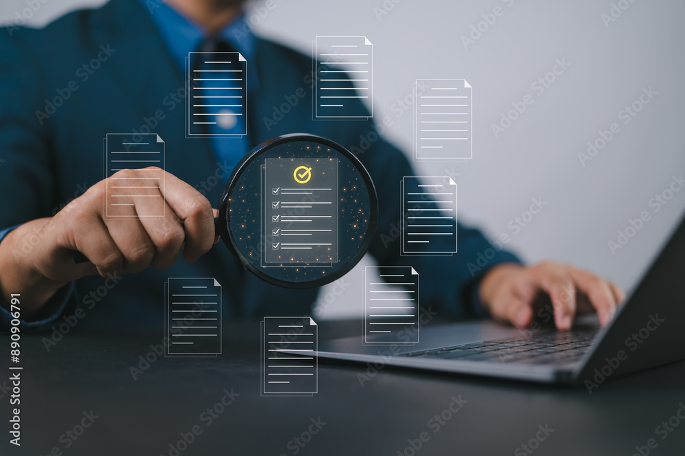 Aufkleber Checking Document Management System, online documentation database and process automation to efficiently manage files, documentation in enterprise with ERP. Corporate business technology, DMS