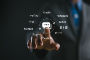 Businessman touching to virtual translation or translate on the mobile app worldwide language conversation speaking concept.