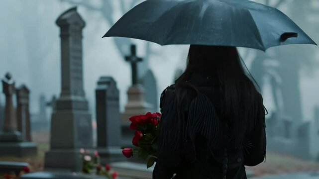 Sad woman grieving in cemetery in rainy day. Woman standing at gravestone of her family member or beloved. Death ceremony and memorial service in cemetery. Funeral, loss, and sorrow. Motion animation