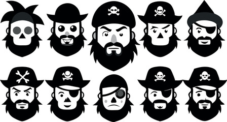 Fototapeta premium Collection of pirate icons featuring different faces with eyepatches, skulls, and distinct beard styles in black and white.