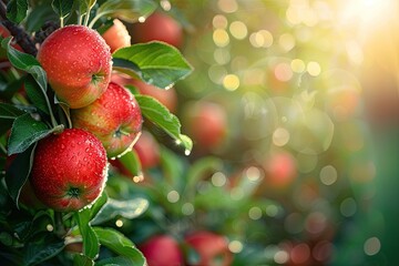 Obraz premium Red Apples Glisten with Dew on a Sunny Day