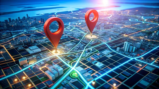 Gps pins showing location route on illuminated city map at night