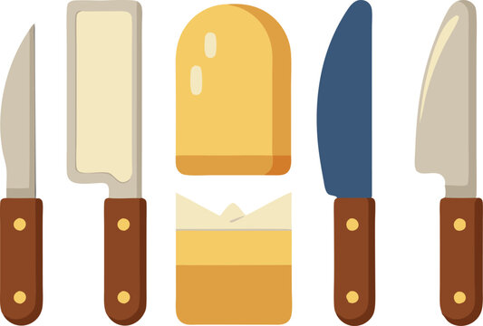 Illustration of various cheese knives and a piece of cheese. Perfect for culinary themes, kitchen tools, and food-related designs.