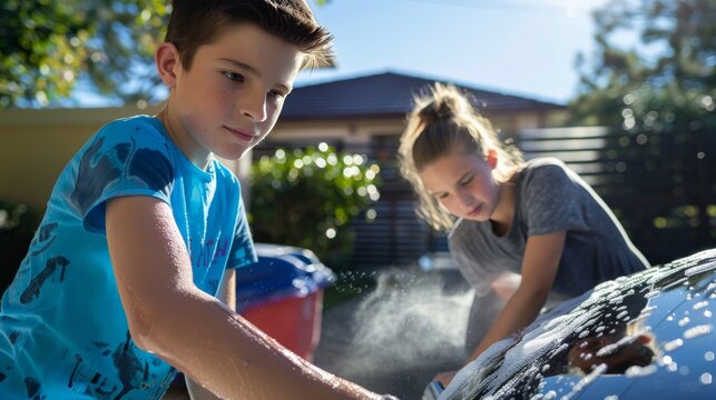 Teenagers washing a car together in a driveway on a sunny day - Powered by Adobe