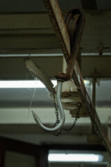 Stainless steel hook on an old travel rail.