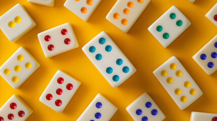 Dominoes. Classic domino tiles on yellow background, flat lay.  dominoes with different numbers of dots. Game, symbol of good luck. a Complex Game of Dominoes
