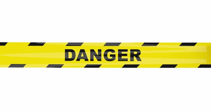 Yellow warning tape with Danger text, rolling across the screen from different directions. Alpha mask. 3d render.
