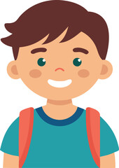 Illustration of a happy cartoon boy with brown hair and a red backpack smiling against a white background.