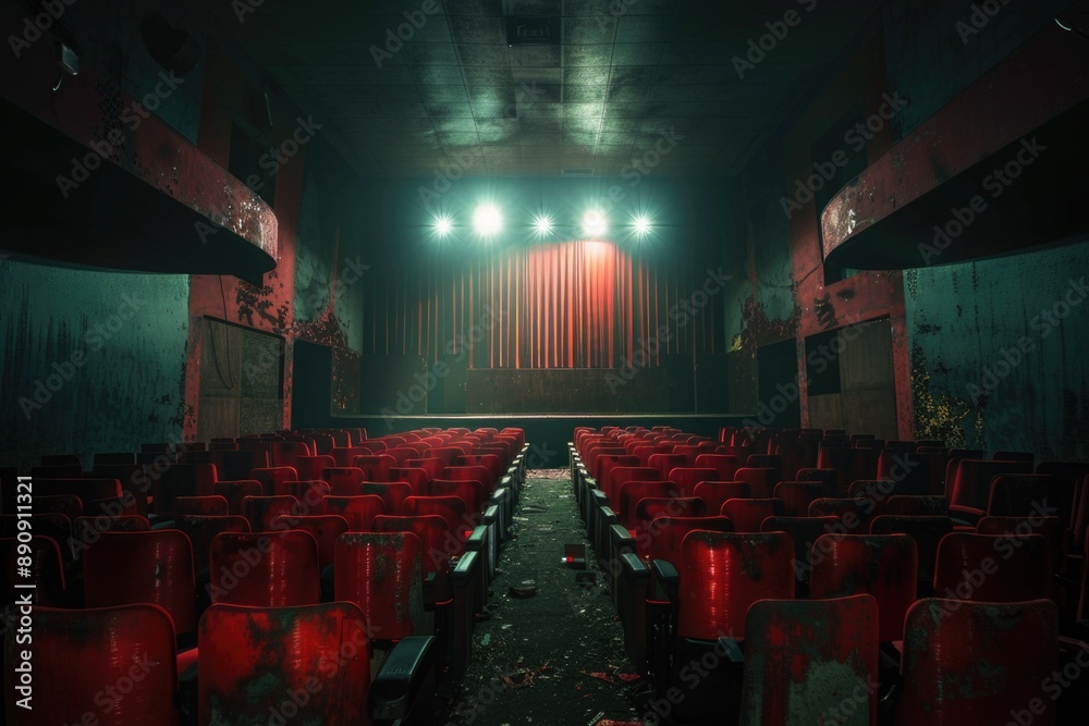 Poster a quiet empty theater with red chairs and curtains