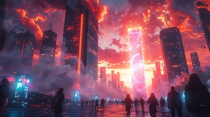 Product launch invitation open area writing space left side scene show futuristic tech event holographic display robot enthusiastic attendee writing space includes product detail launch date venue