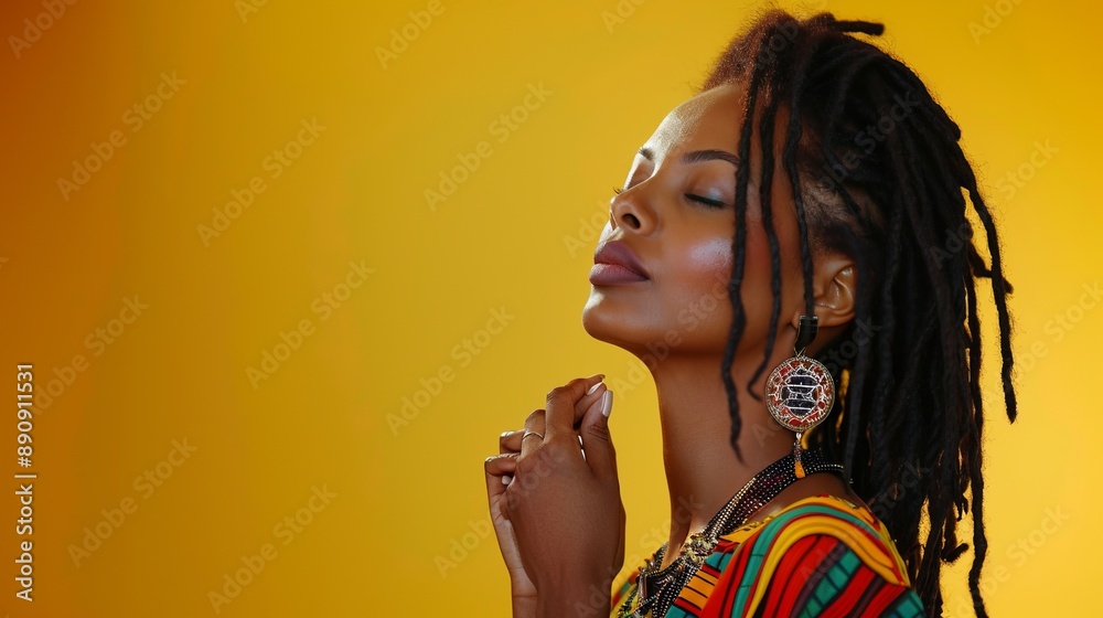 Wall mural A person with dreadlocks posing against a vibrant yellow background, wearing colorful attire, and unique round earrings, showcasing a vibrant blend of cultural elements.