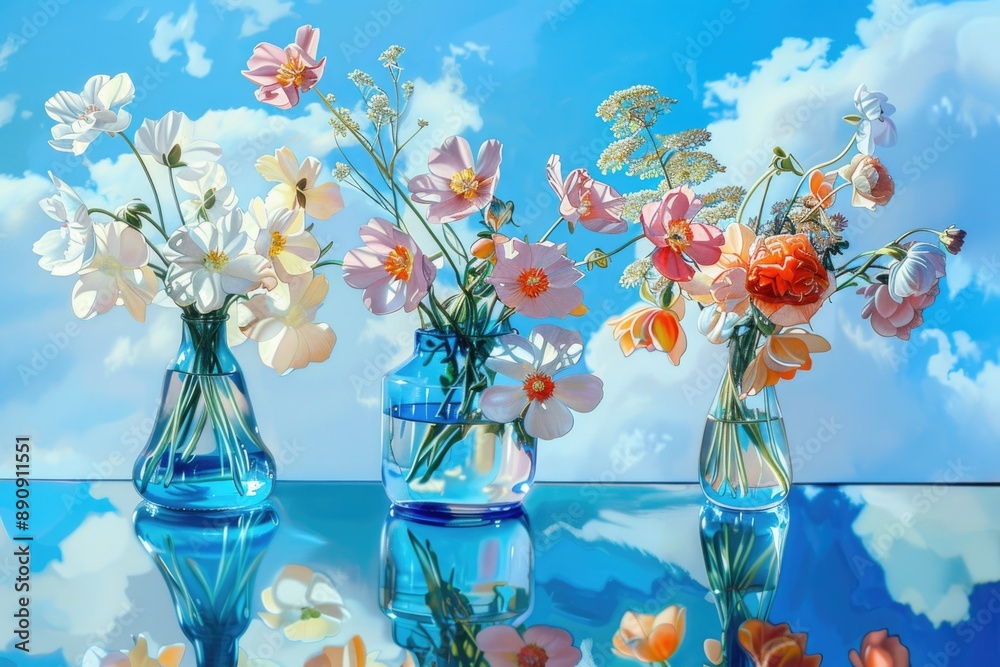 Poster a still life image of three vases filled with various flowers sitting on a table