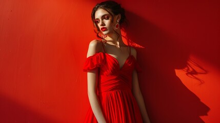 Fototapeta premium A model wears a stunning off-shoulder red dress, posing against a bright red backdrop. The lighting and composition highlight her elegant and poised figure in stylish posture.