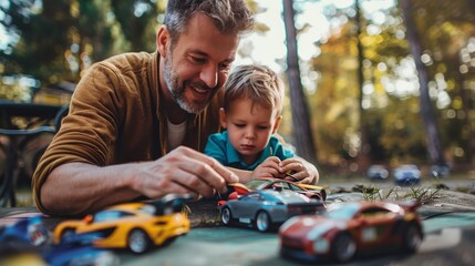 A father and son play with toy cars laid out on a table outdoors. Their expressions of joy and concentration highlight the bond and fun they are sharing together.