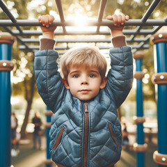 Fototapeta premium Small Little Boy Child Having Fun Climbing Playing Gleefully Dangle on the Monkey Bars Structure in Outdoor School Playground City Park. Hang In There Greeting Card. Active Kid Exercising on Sunny Day