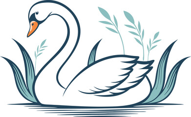 Obraz premium Graceful swan illustration featuring elegant posture surrounded by aquatic plants on a clean white background. Perfect for nature-themed designs and artistic projects.