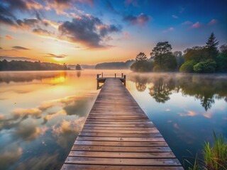 Naklejka premium Serene wooden pier extending into calm lake at dawn. Misty horizon and pastel sky reflect on tranquil water. Peaceful nature scene for meditation and relaxation.