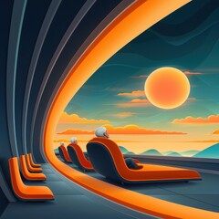 Futuristic lounge with reclining chairs overlooking a stunning sunset through curved windows, featuring a serene landscape.