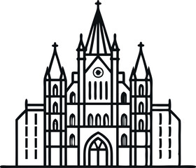 Black and white outline illustration depicting a gothic cathedral with detailed architectural elements and spires.