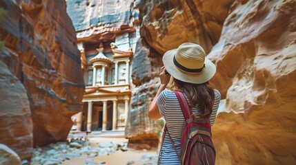 A tourist wearing a hat photographs the iconic Petra Treasury from a canyon corridor, capturing the grandeur and historical significance of this ancient landmark.