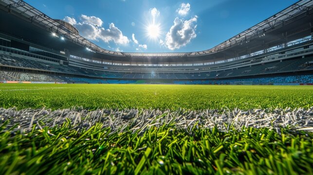 empty soccer stadium on a sunny day Green field