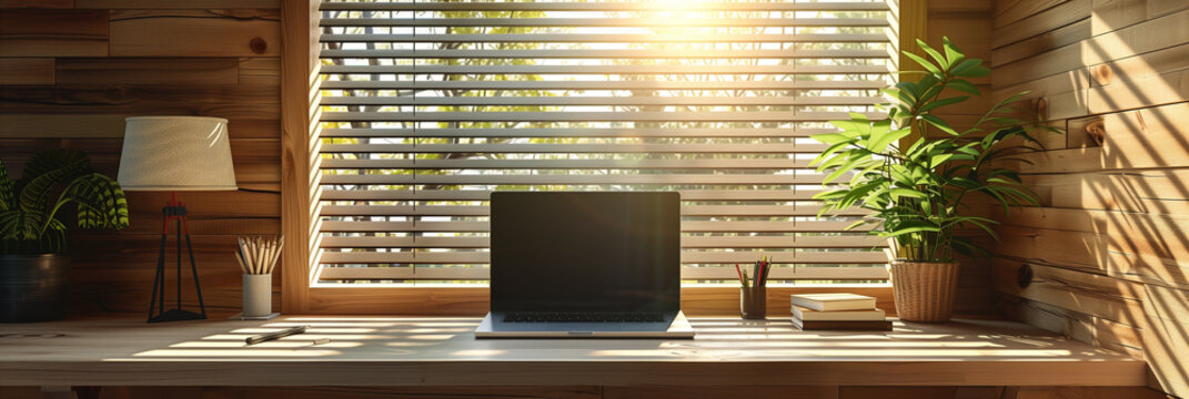 A neatly organized work desk by a window with a laptop and plants, representing a modern, comfortable, and aesthetically pleasing home office
