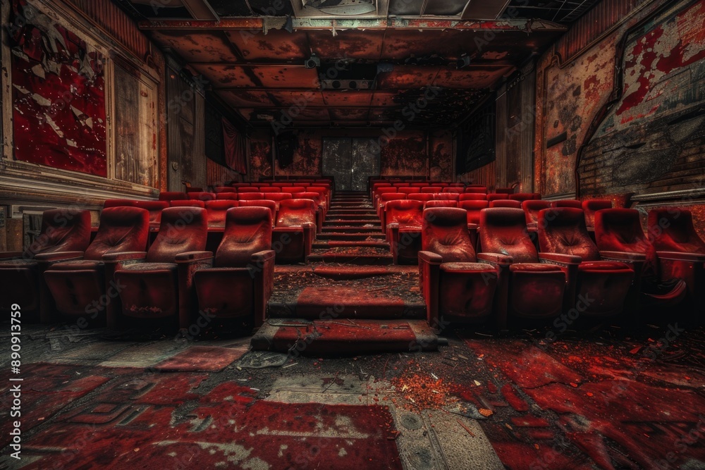 Aufkleber a dimly lit theater with rows of red seats and a red carpet leading to the stage