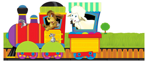 Cartoon funny looking train wagon and locomotive with farm animal going through the meadow illustration for children