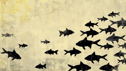 Naklejka premium Artistic depiction featuring silhouettes of several fish swimming together against a textured yellow background, evoking themes of unity and movement in the marine world.