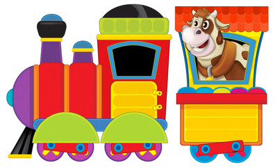 Cartoon funny looking train wagon and locomotive with farm animal going through the meadow illustration for children
