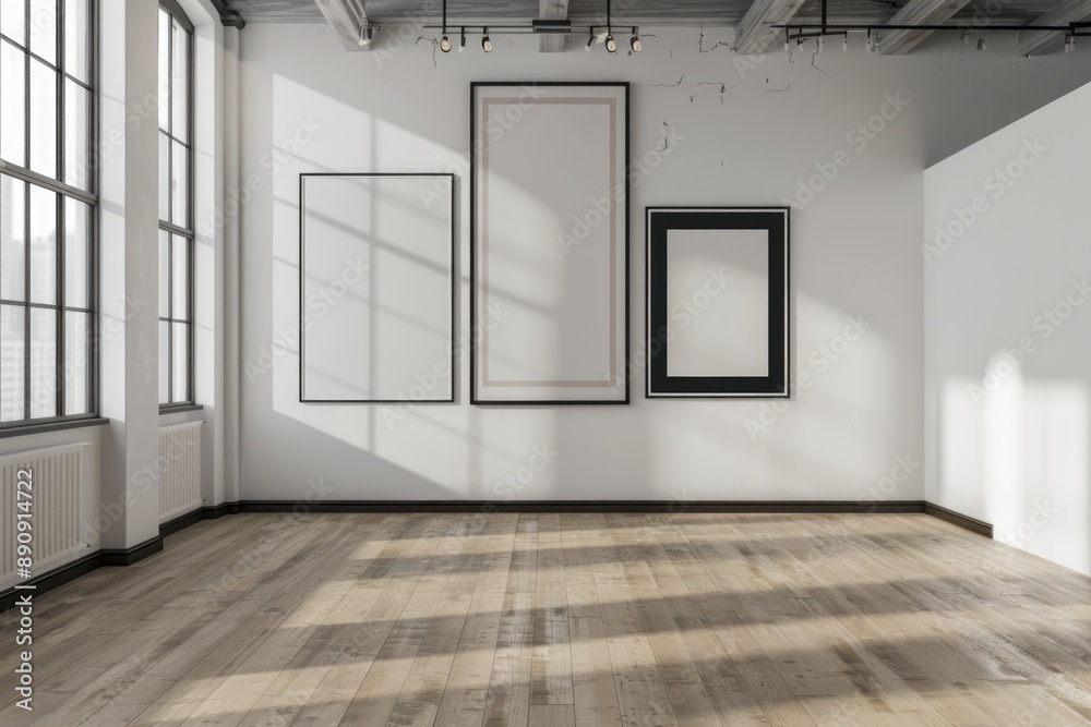 Poster a simple, empty room with two picture frames on the wall