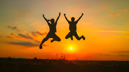 two individuals mid-leap against the backdrop of a setting sun