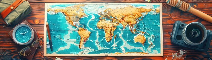 World map illustration on a wooden table with compass and camera.