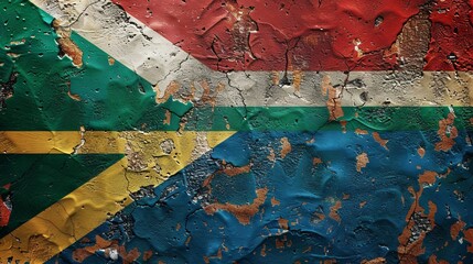 This aged flag image features bold red, white, blue, and green hues, highlighting cultural unity and pride through a distinctive expressive artistic grunge style.