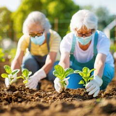 Fototapeta premium Two senior women planting vegetables in a garden, wearing face masks and gloves, enjoying outdoor gardening and maintaining social distancing.